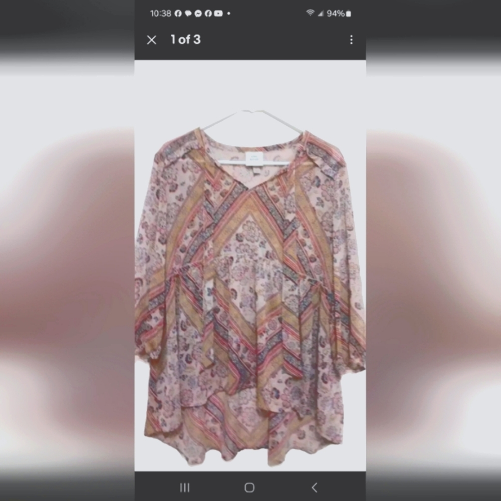 Women's Knox Rose Floral Chiffton Ruffle Blouse High And Low Hem Sz L